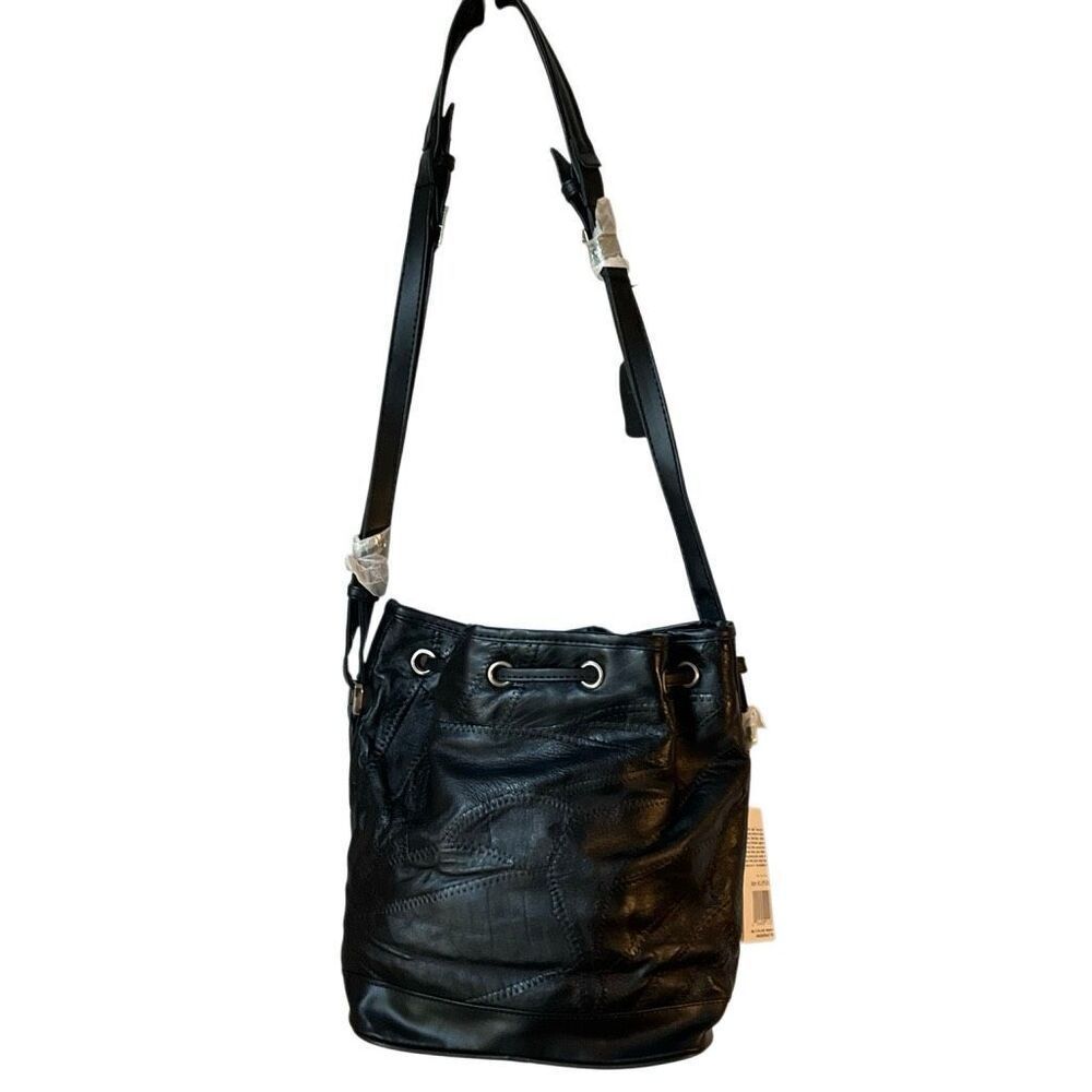 Maxam Lambskin Patchwork Mosaic Drawstring Bag, Black NWT Vintage - Picture 11 of 16